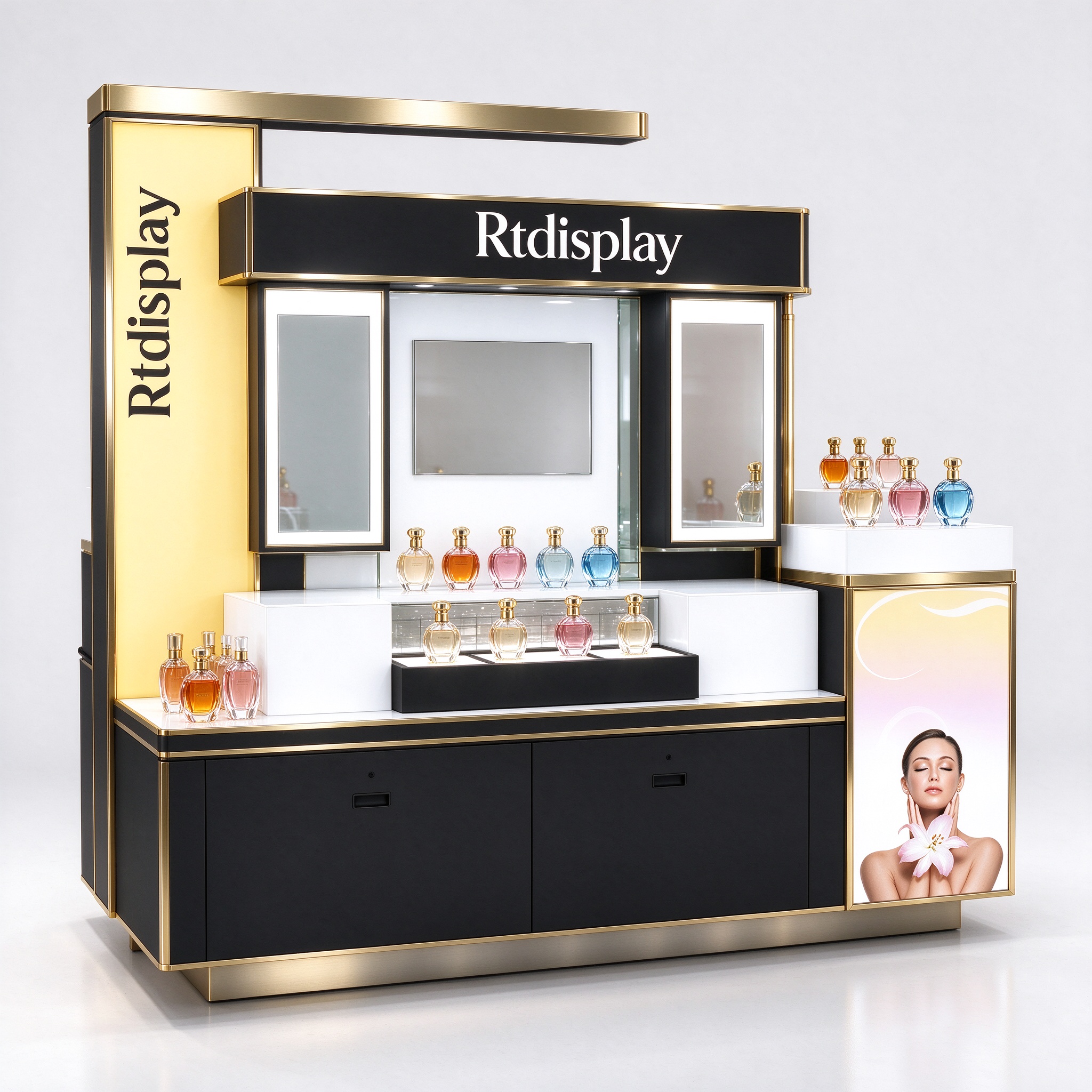 Black gold luxury perfume RMU kiosk left 45 degree view