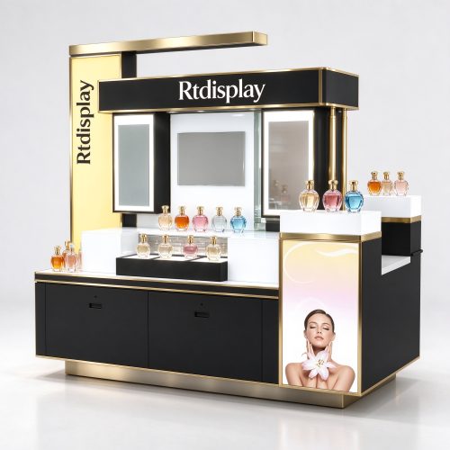 Black gold luxury perfume RMU kiosk right front 3/4 view