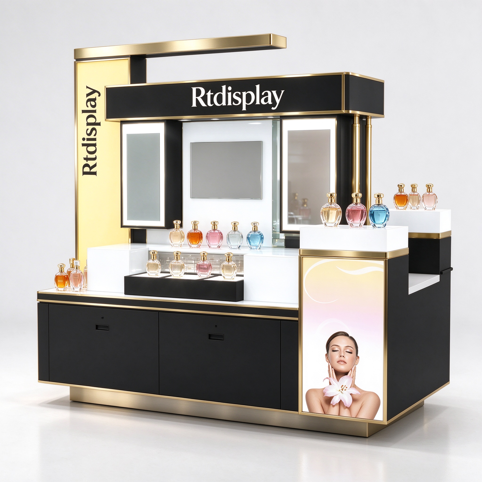 Black gold luxury perfume RMU kiosk right front 3/4 view