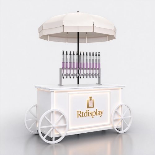 White perfume bar cart with umbrella left 45 degree view