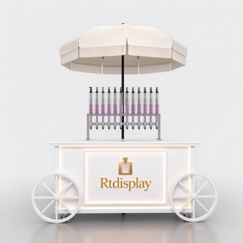 White perfume bar cart with umbrella right front 3/4 view
