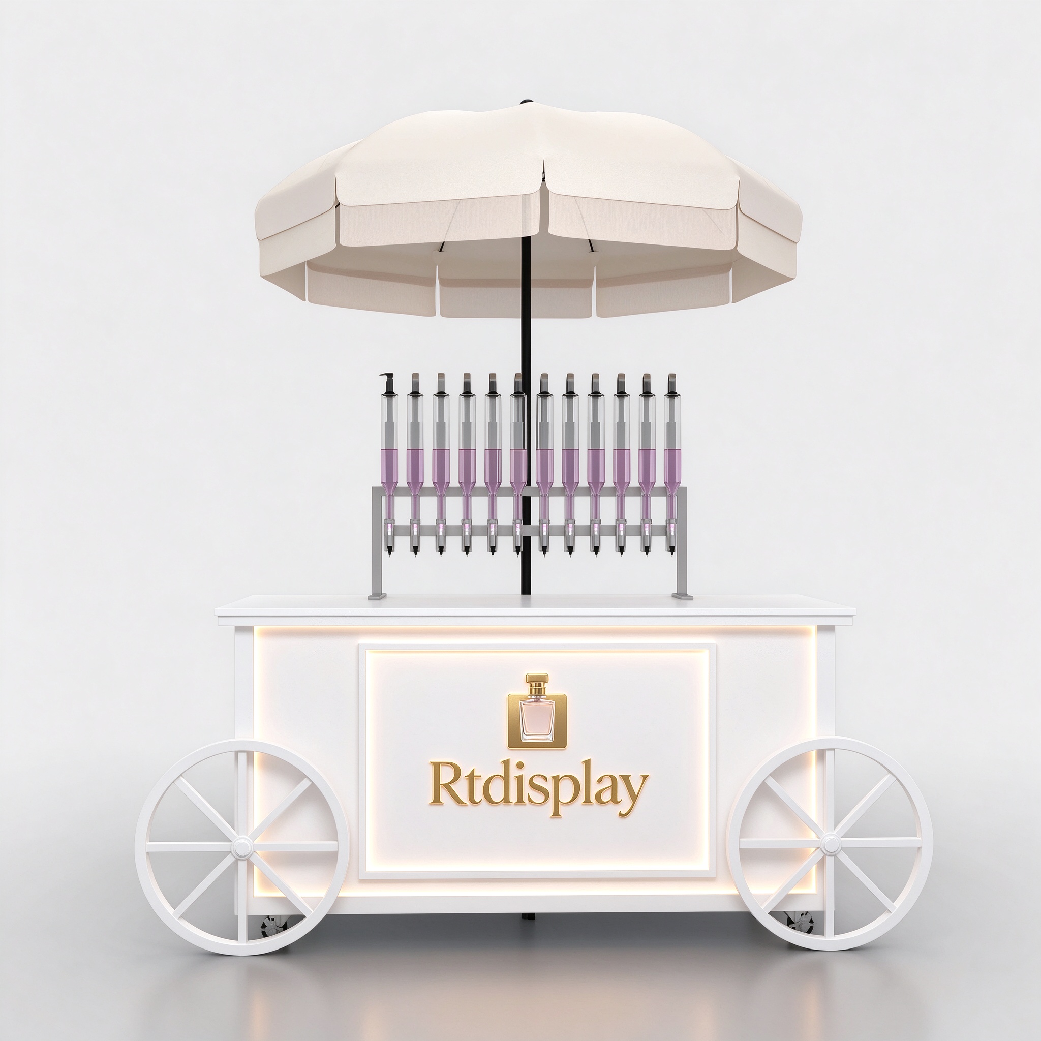 White perfume bar cart with umbrella right front 3/4 view