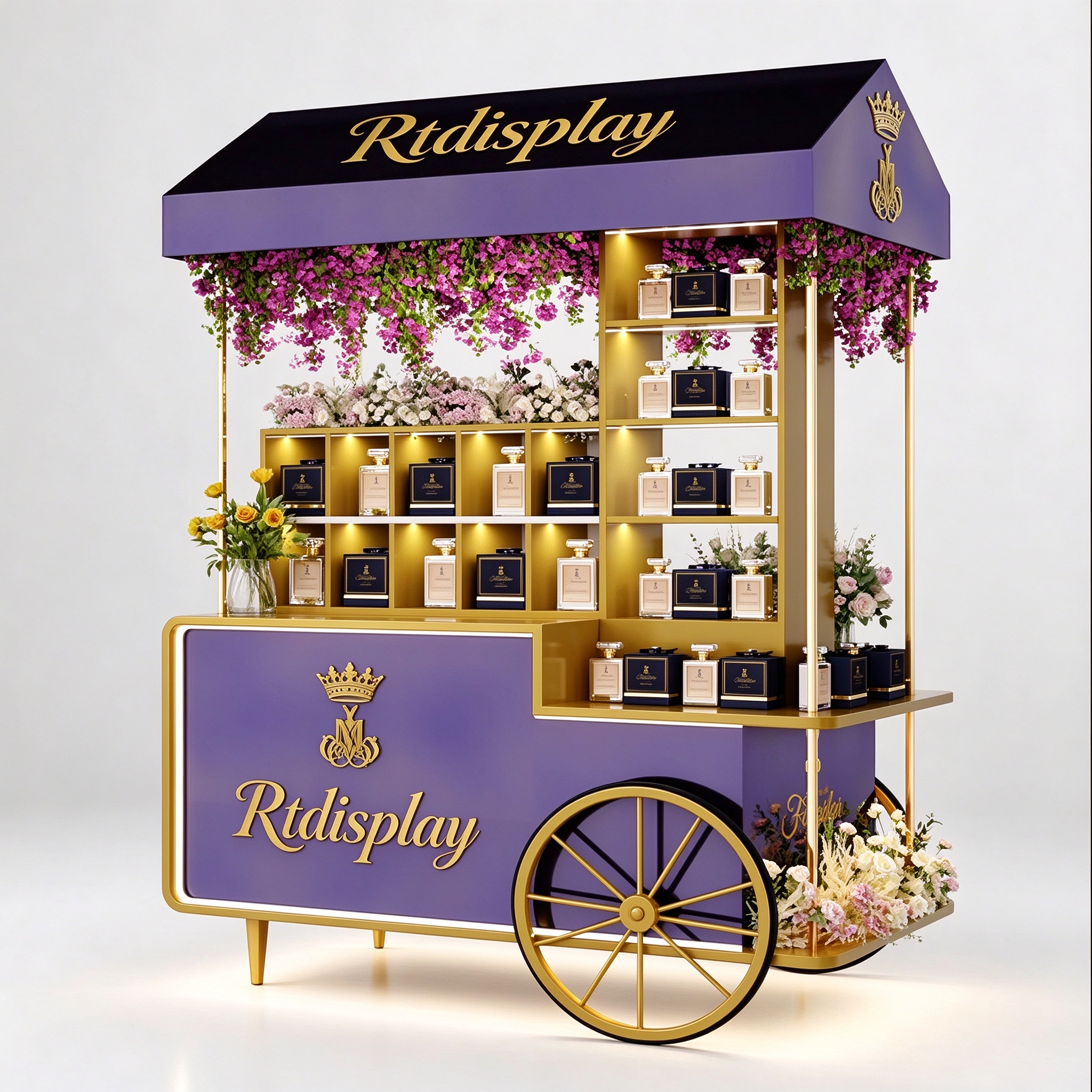 Purple gold luxury perfume cart right front 3/4 view