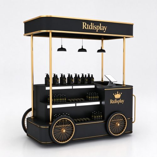 Black and gold perfume display cart left 45 degree view