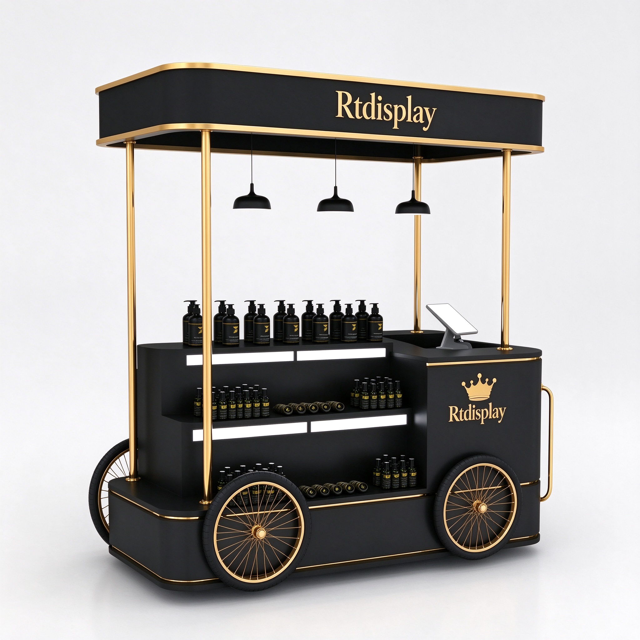 Black and gold perfume display cart left 45 degree view