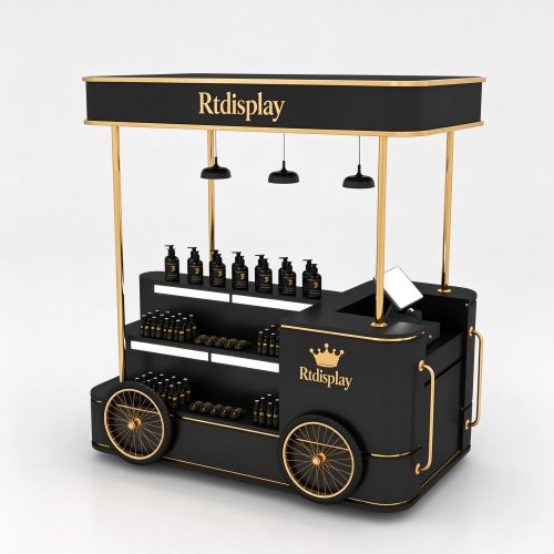 Black and gold perfume display cart right front 3/4 view