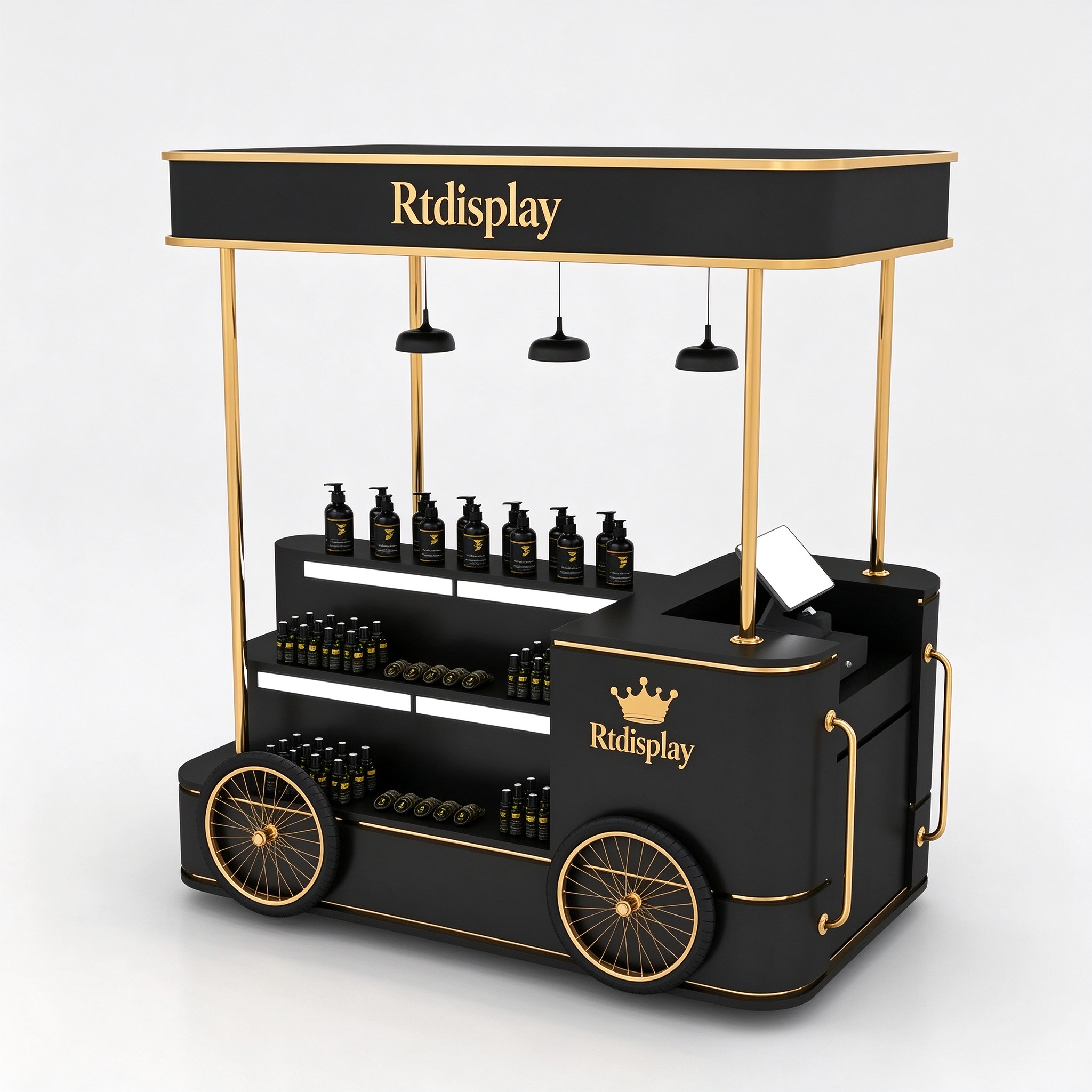 Black and gold perfume display cart right front 3/4 view