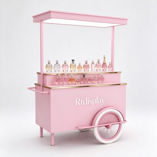 Pastel pink perfume display cart left 45 degree view