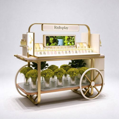 Cream and gold perfume display cart left 45 degree view