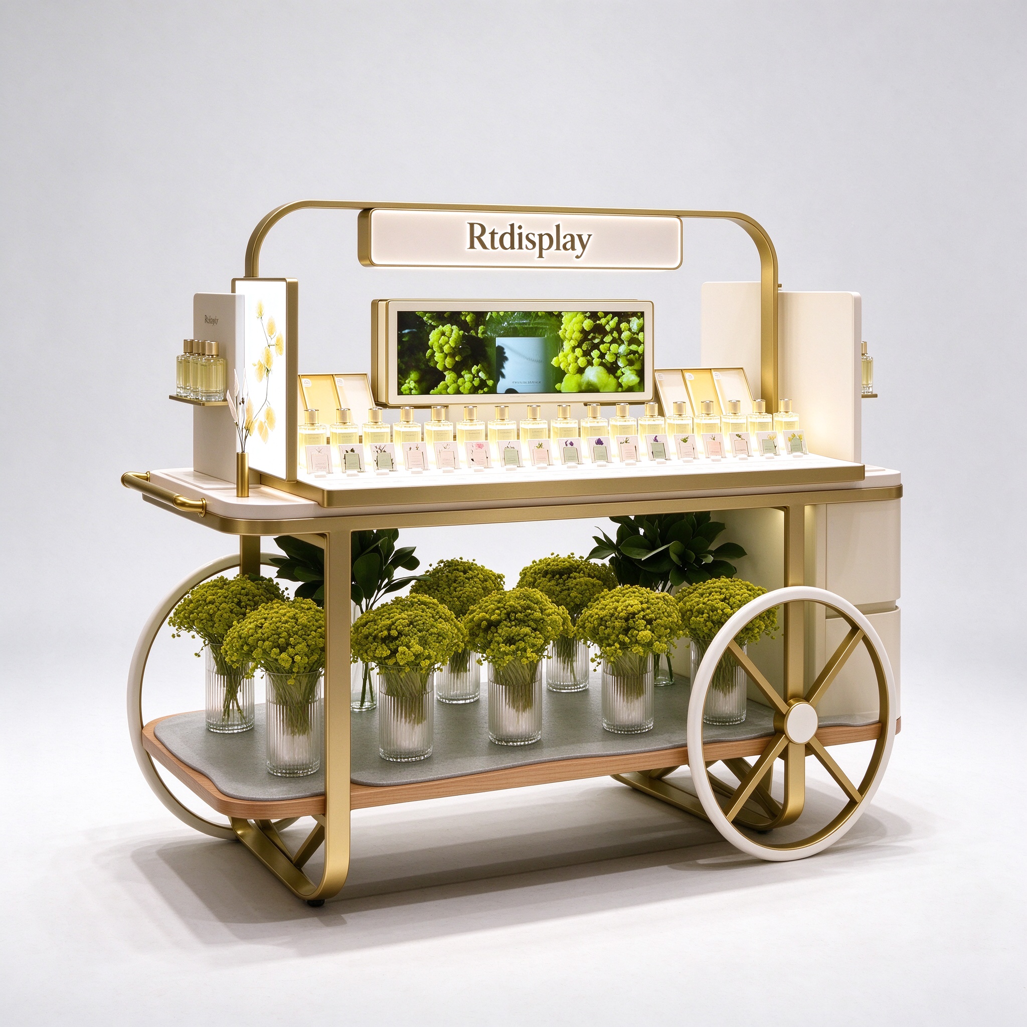 Cream and gold perfume display cart left 45 degree view