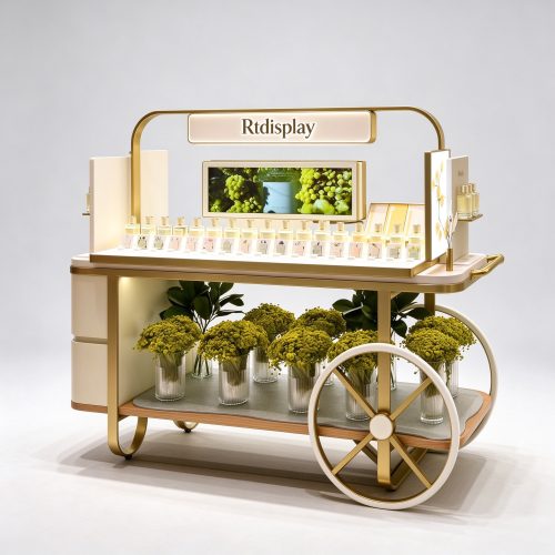 Cream and gold perfume display cart right front 3/4 view