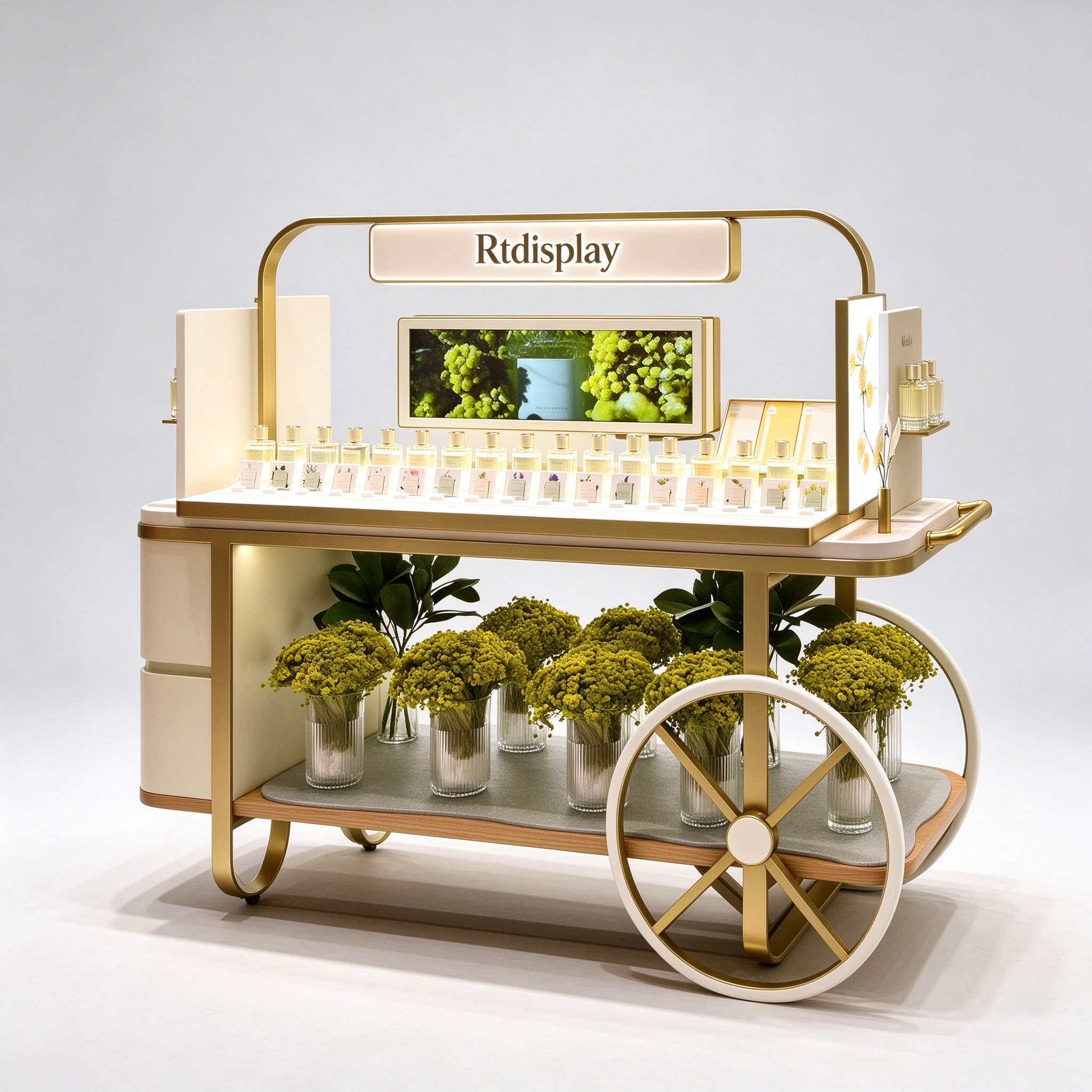 Cream and gold perfume display cart right front 3/4 view