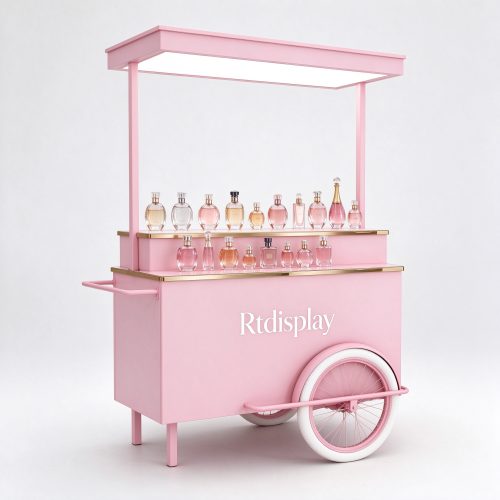 Pastel pink perfume display cart right 45 degree view