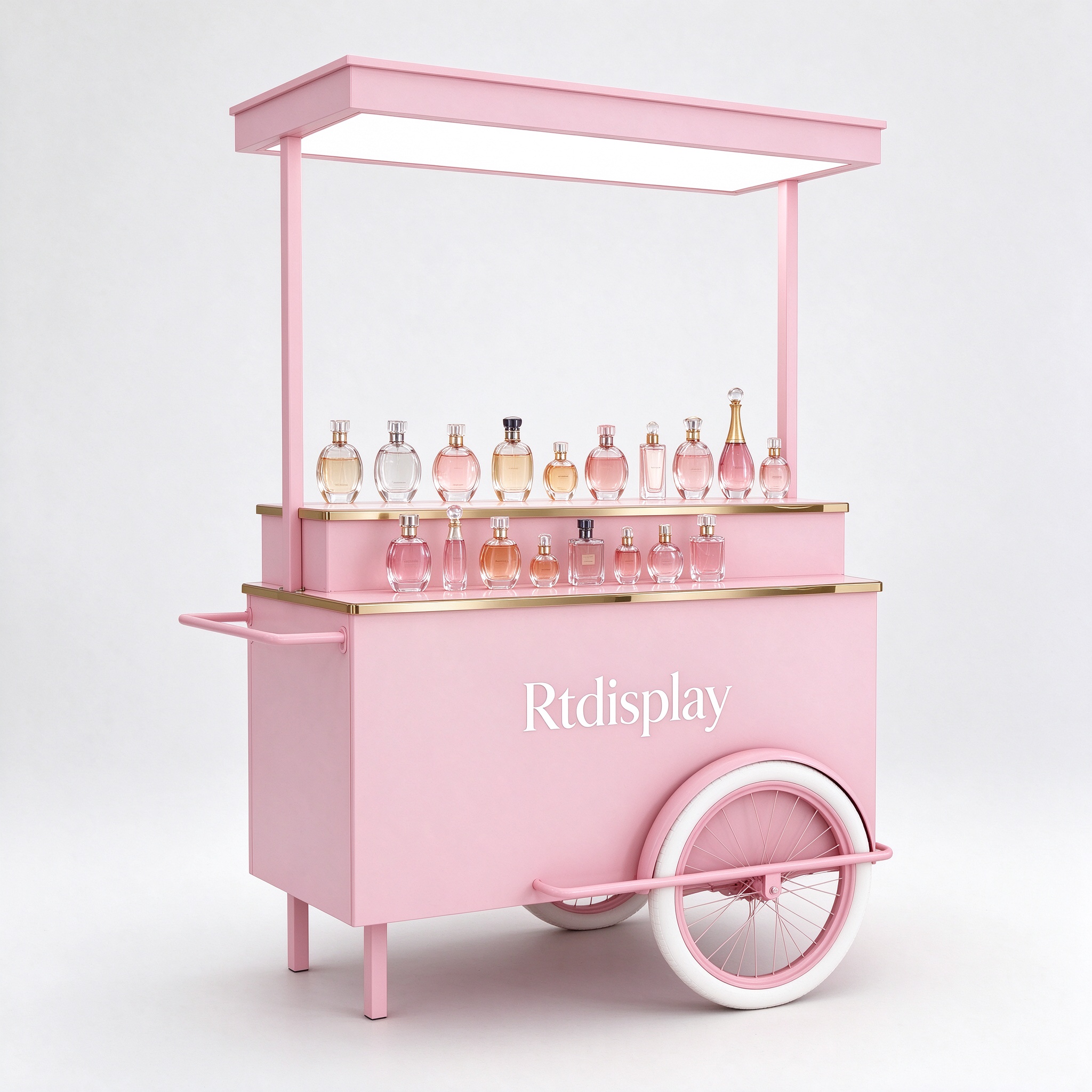 Pastel pink perfume display cart right 45 degree view