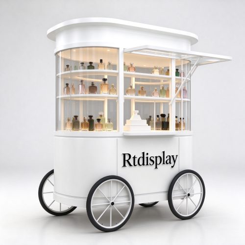 White curved glass perfume kiosk cart left 45 degree view