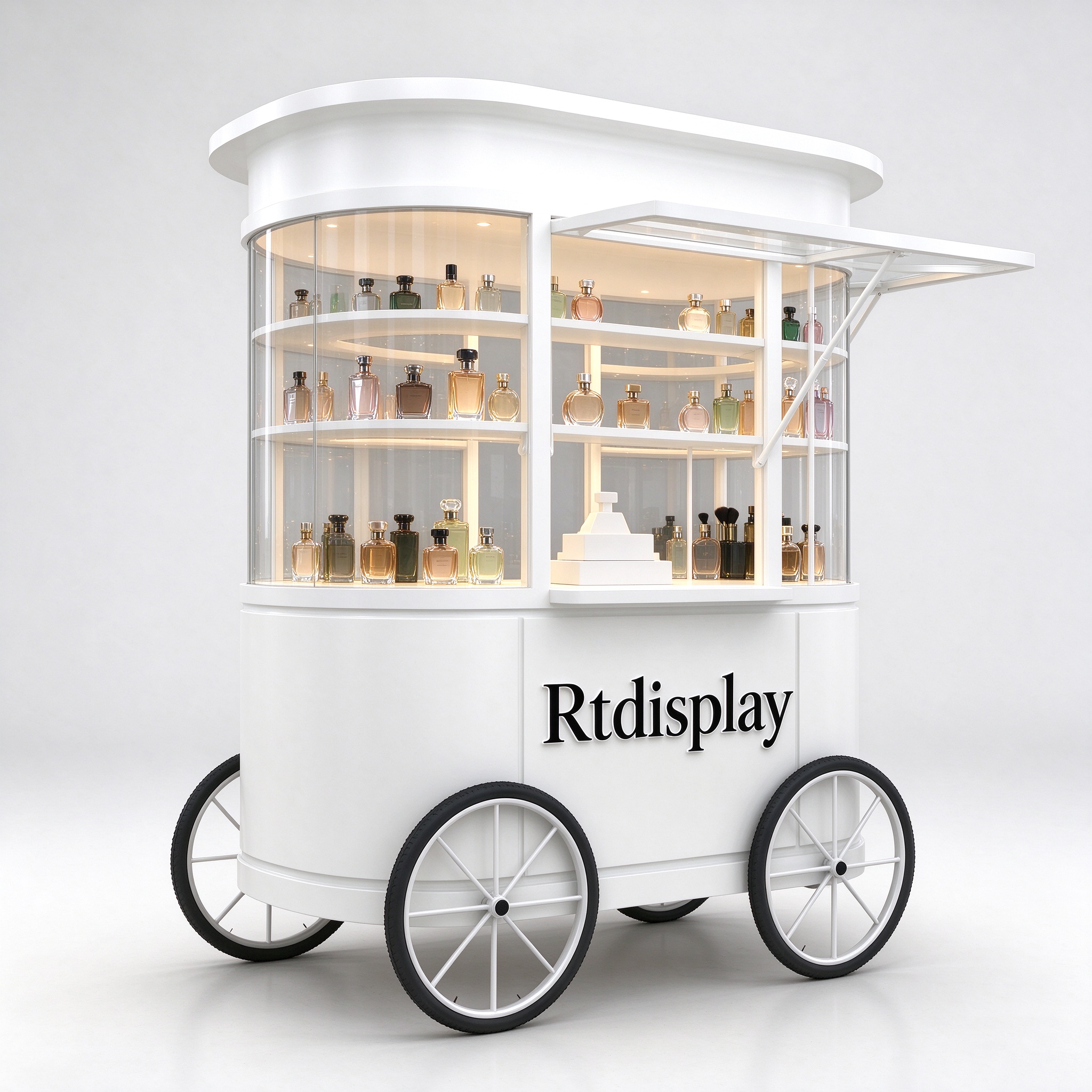 White curved glass perfume kiosk cart left 45 degree view