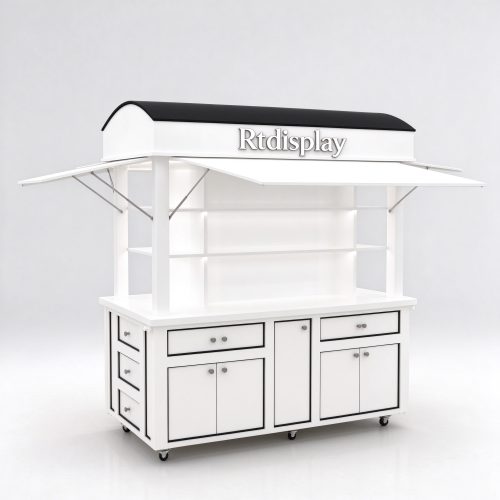 White mobile perfume display cart left 45 degree view