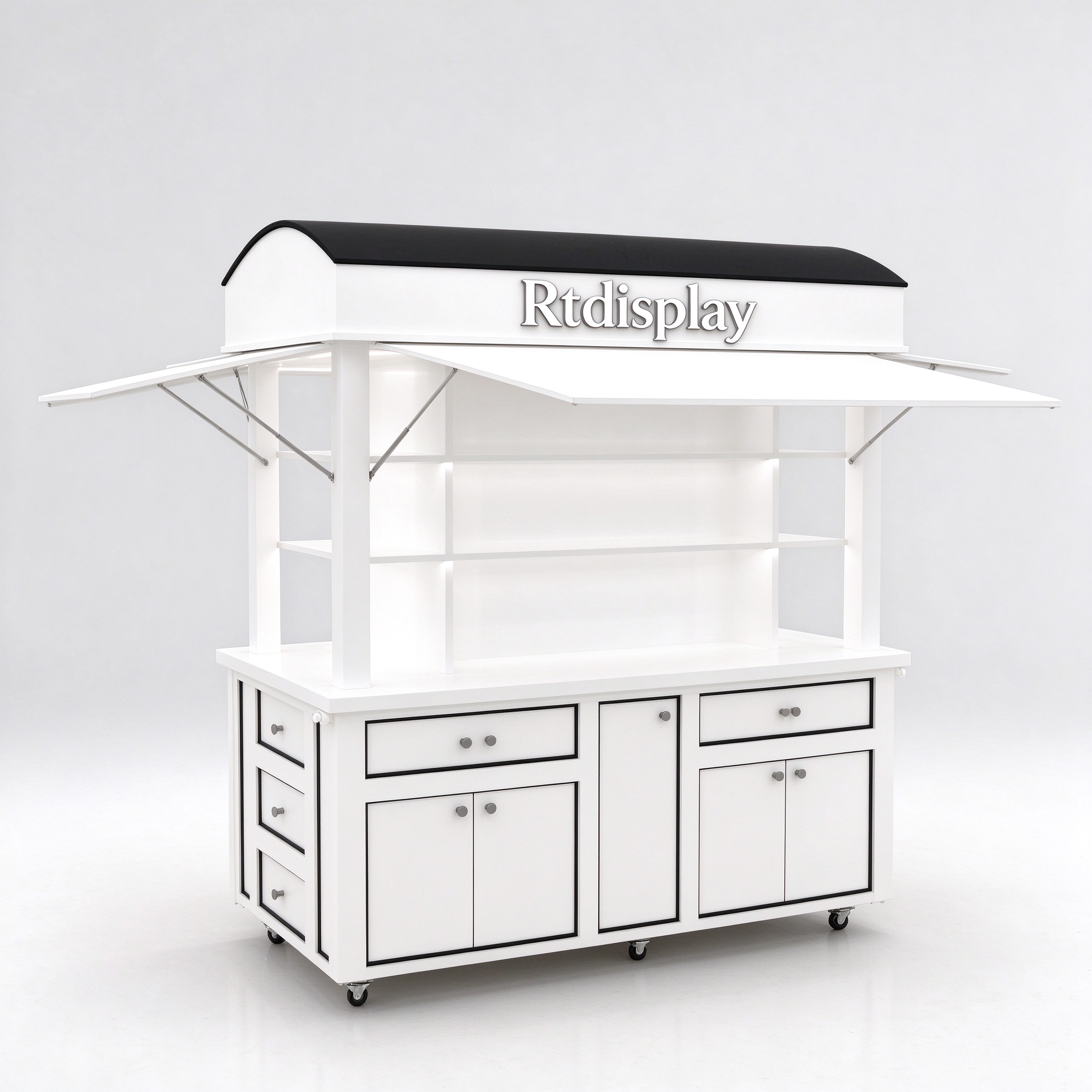 White mobile perfume display cart left 45 degree view