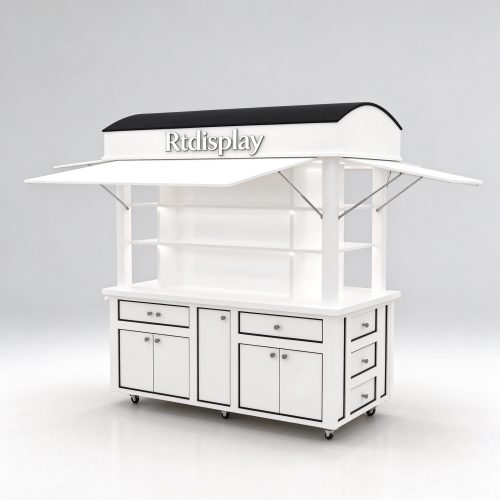 White mobile perfume display cart right front 3/4 view
