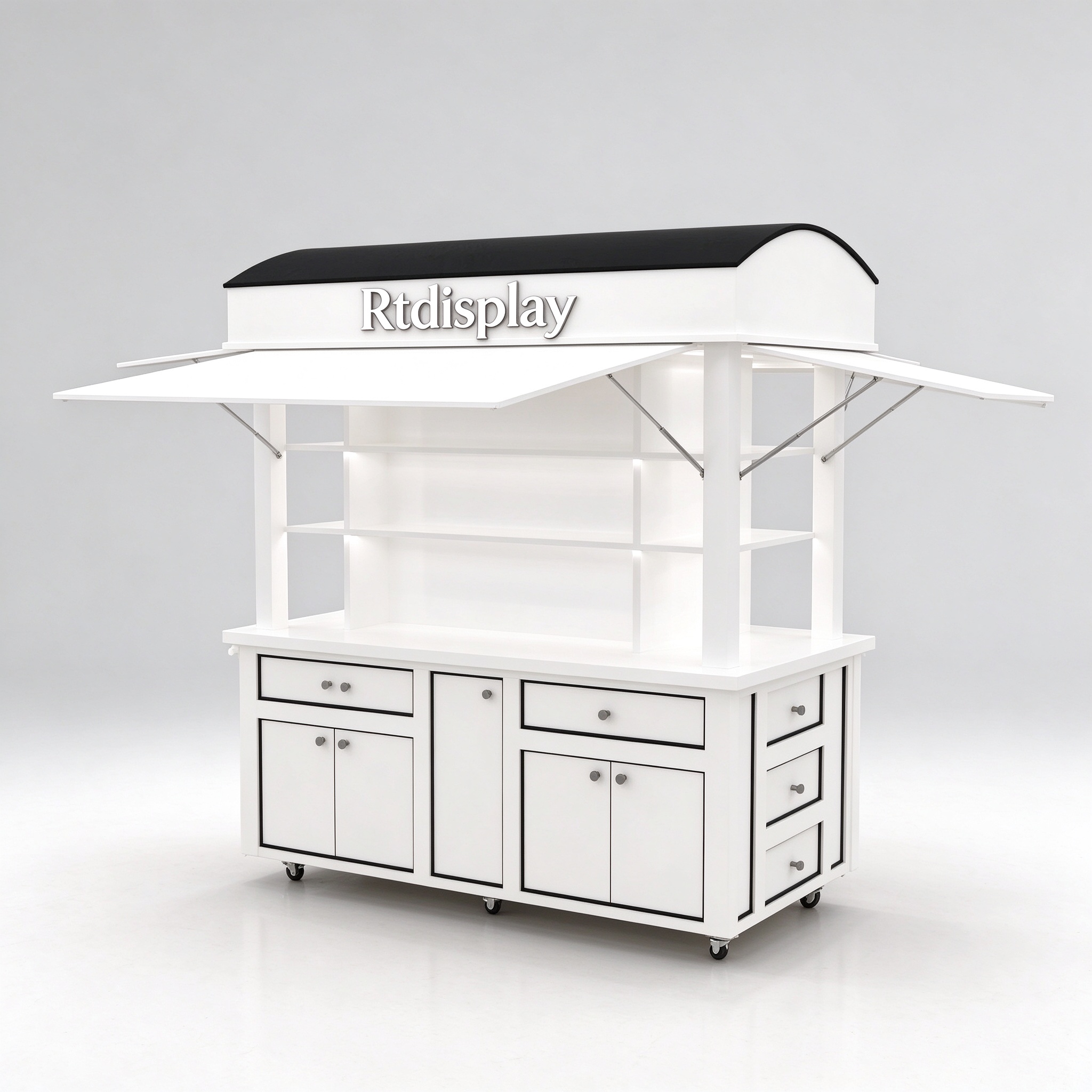 White mobile perfume display cart right front 3/4 view