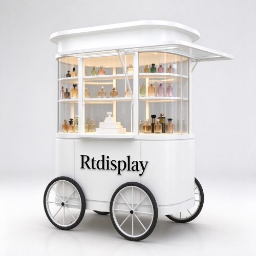 White curved glass perfume kiosk cart right 45 degree view