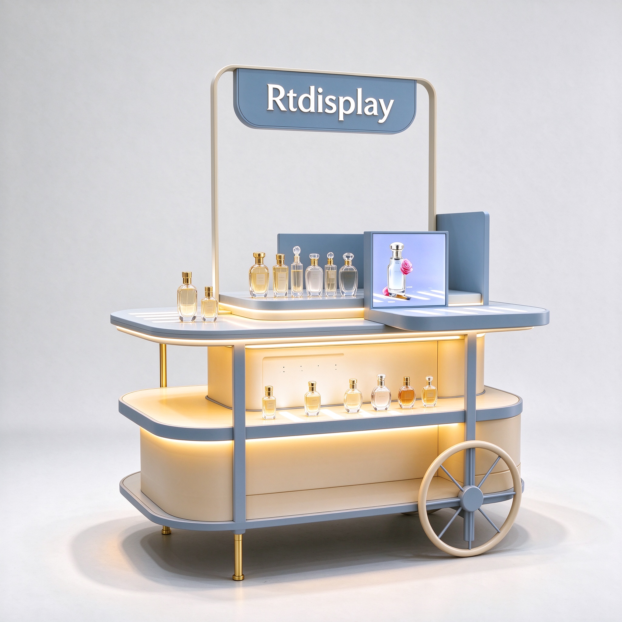 Modern blue and beige perfume display cart with perfume bottles left 45 degree view