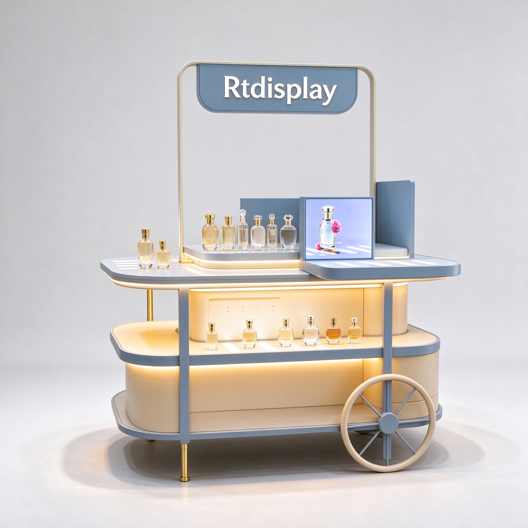 Modern blue and beige perfume display cart with perfume bottles on counter right front view