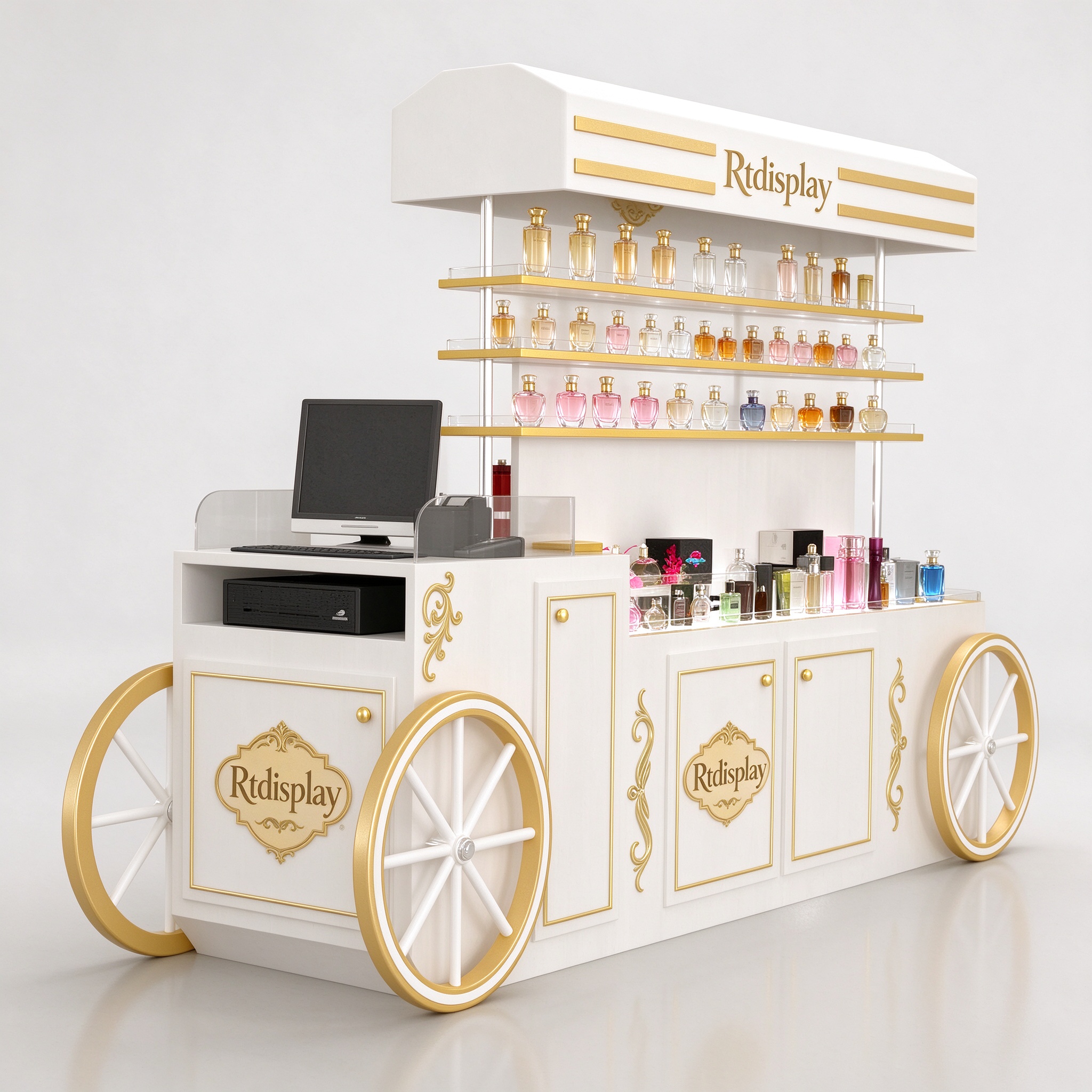 White gold vintage perfume display cart right front 3/4 view