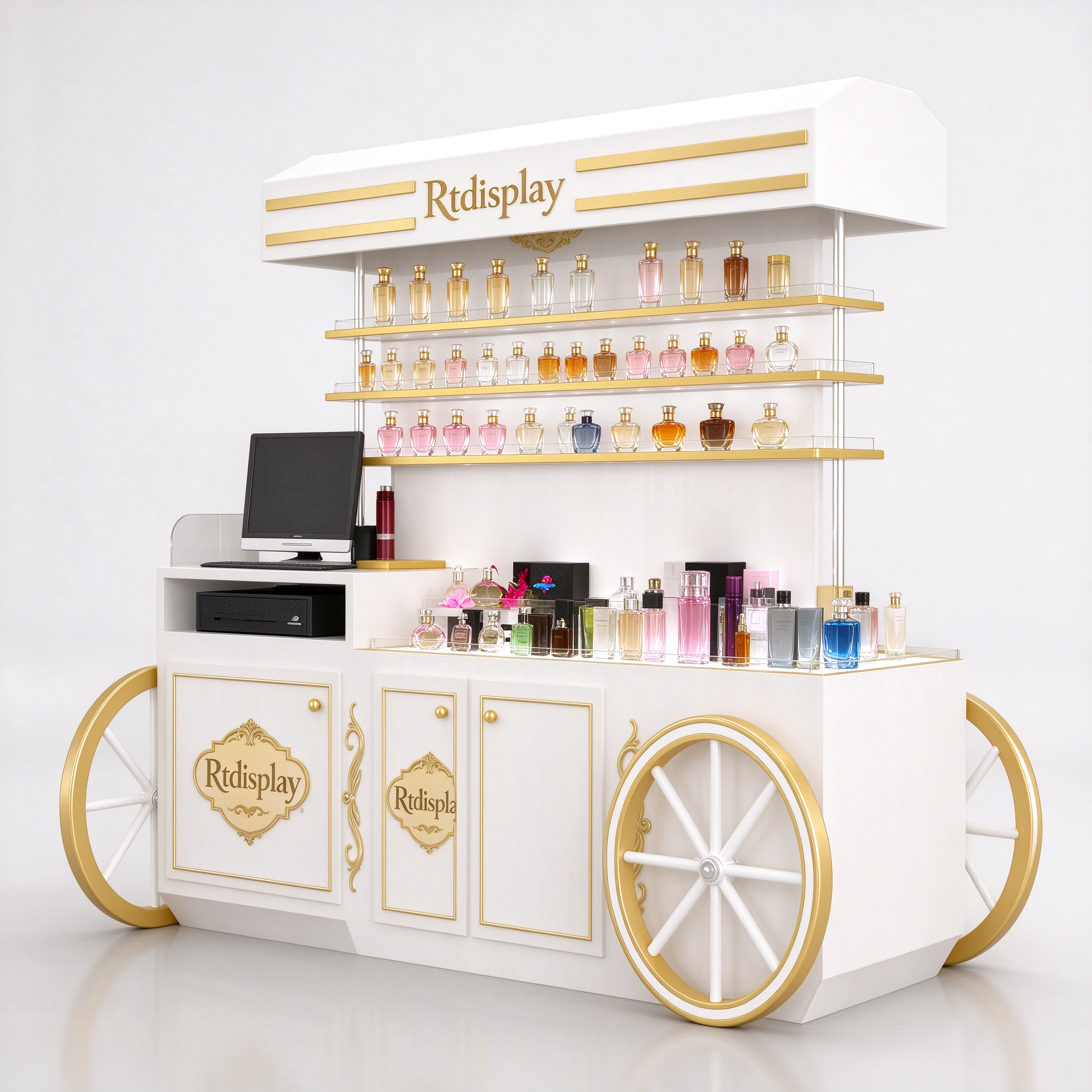 White gold vintage perfume display cart right 45 degree view