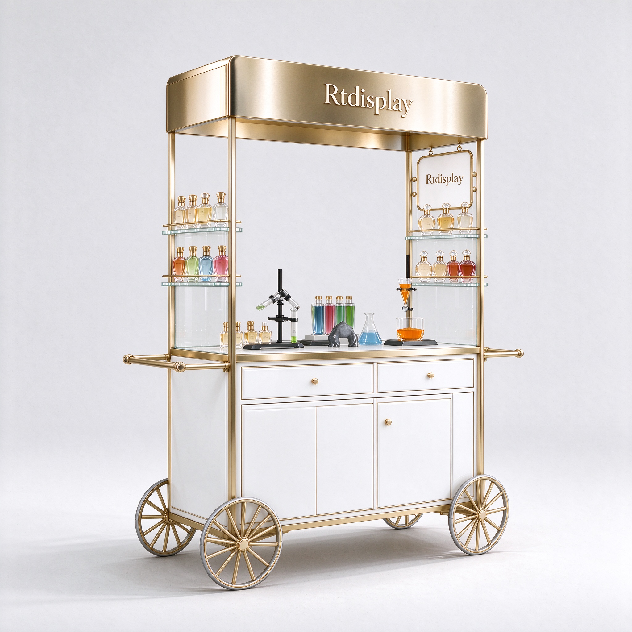 French perfume cart gold stainless steel frame white baked enamel left 45 view