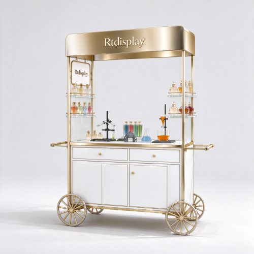French perfume cart gold stainless steel frame white baked enamel right front view