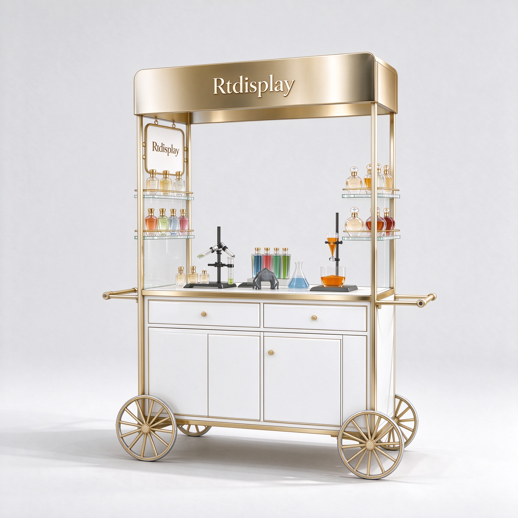 French perfume cart gold stainless steel frame white baked enamel right front view