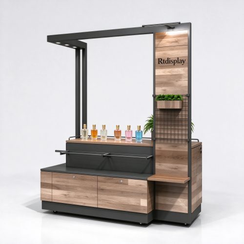 Industrial dark gray wood perfume display unit single view