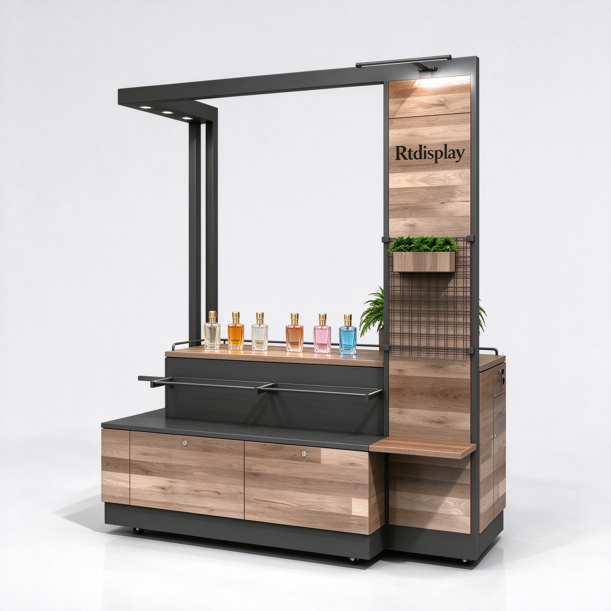 Industrial dark gray wood perfume display unit single view