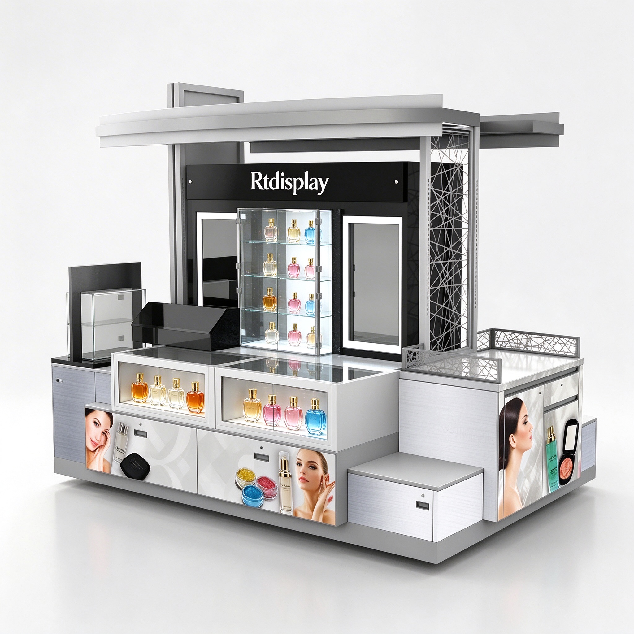 Modern silver white perfume RMU kiosk right front 3/4 view