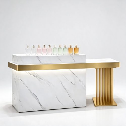 White marble perfume checkout counter left 45 degree view with gold base