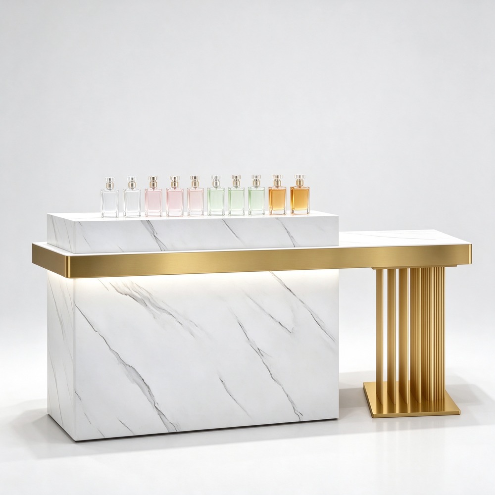 White marble perfume checkout counter left 45 degree view with gold base