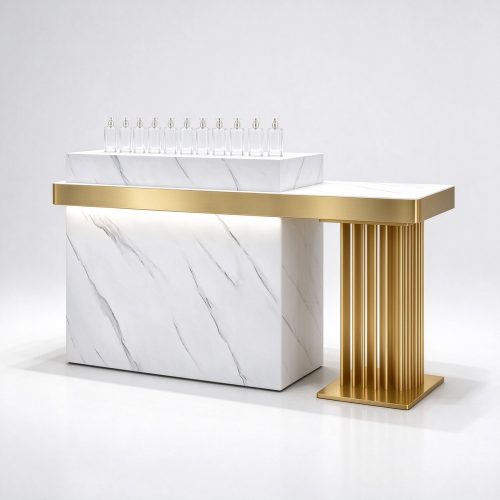 White marble perfume checkout counter right 45 degree view with gold base