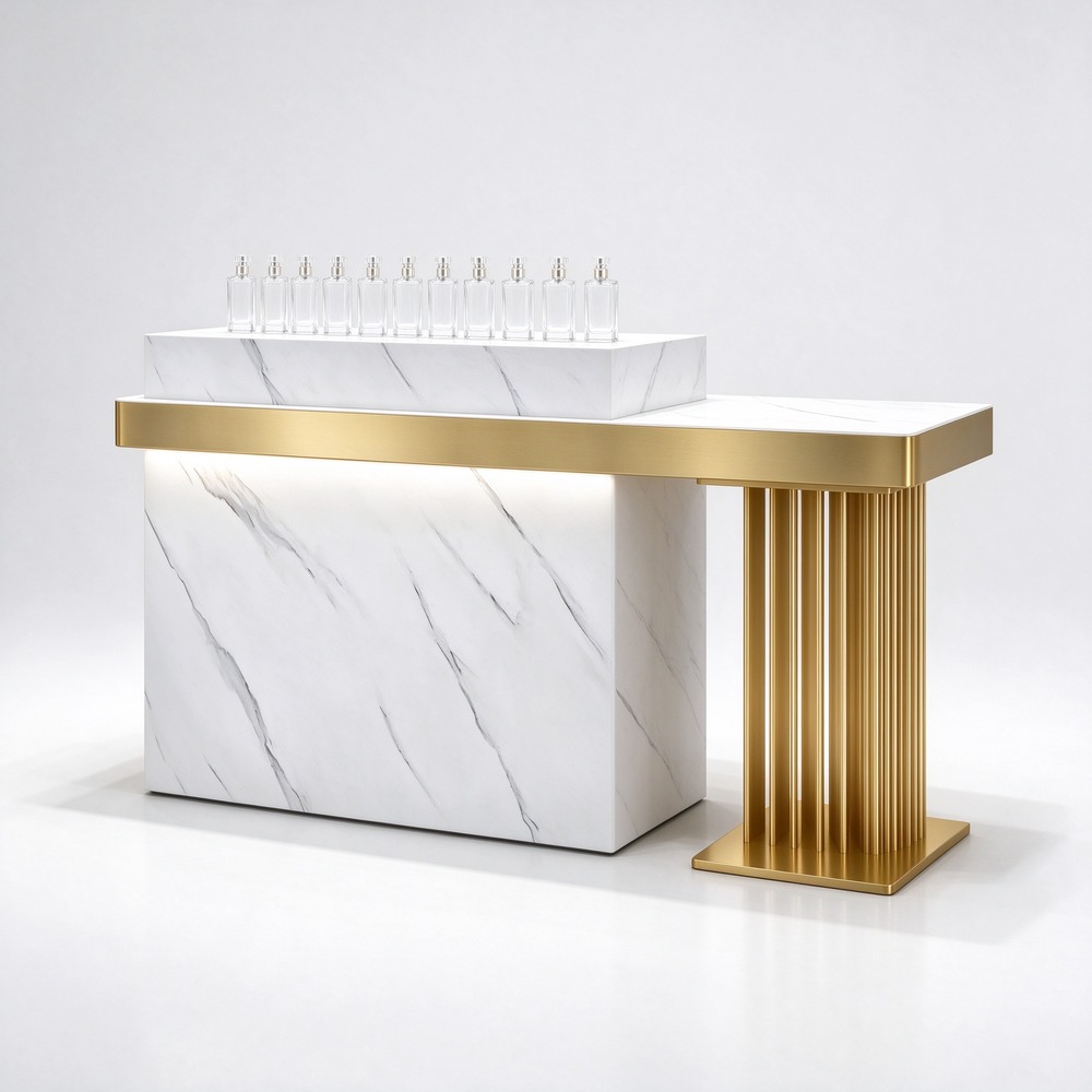 White marble perfume checkout counter right 45 degree view with gold base