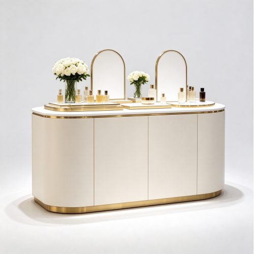 Curved cream white perfume display counter left 45 degree view