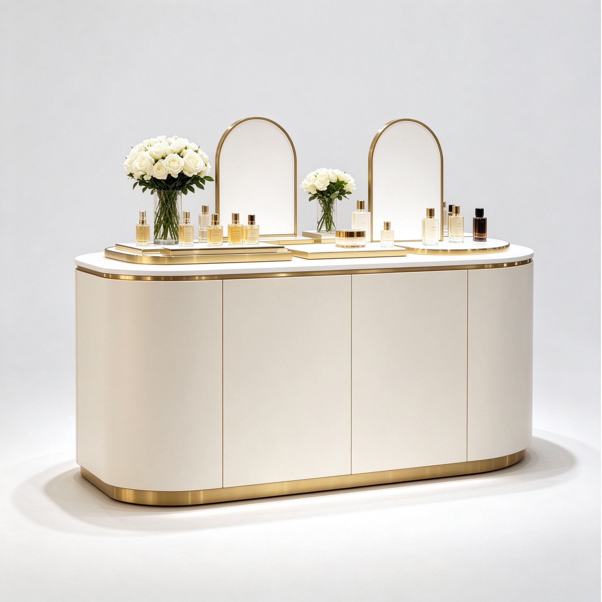Curved cream white perfume display counter left 45 degree view