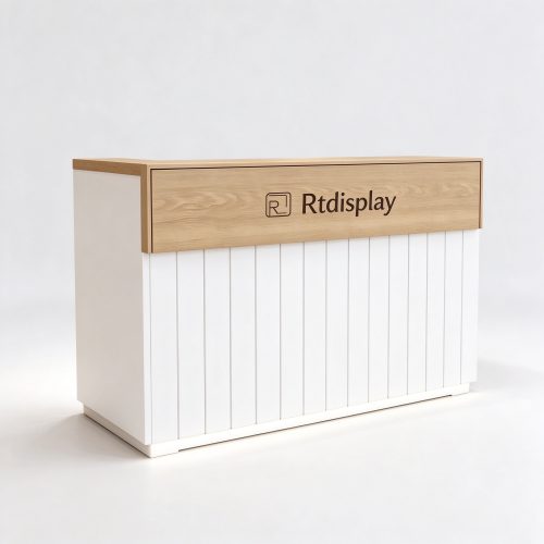 White and light wood pet store checkout counter left 45 degree view