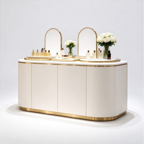 Curved cream white perfume display counter right 45 degree angle view