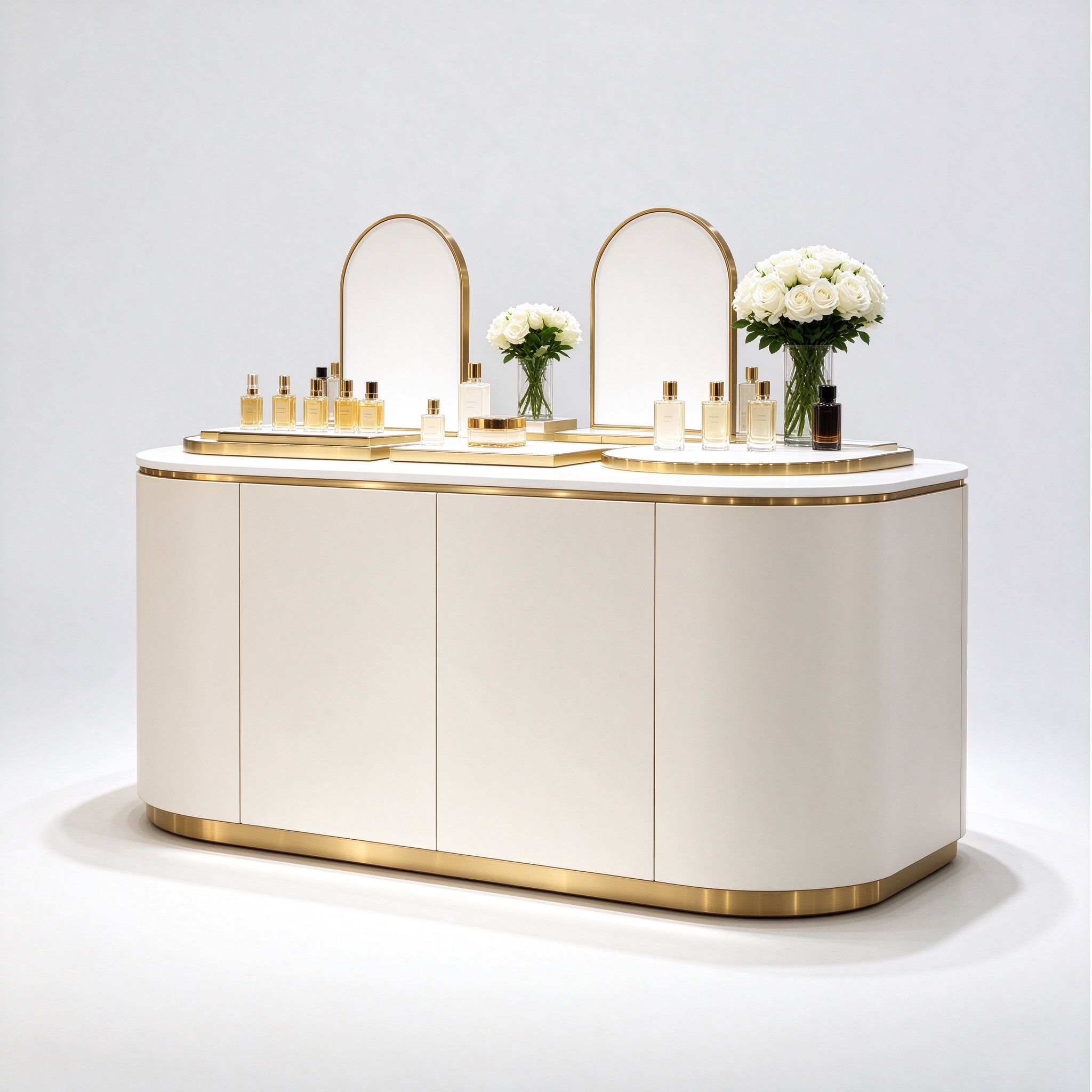 Curved cream white perfume display counter right 45 degree angle view