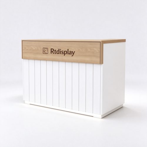 White and light wood pet store checkout counter right 45 degree angle view