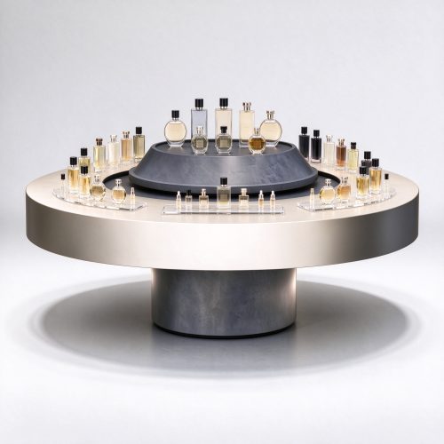 Large circular perfume display island counter with beige top and perfume bottles left 45 degree view