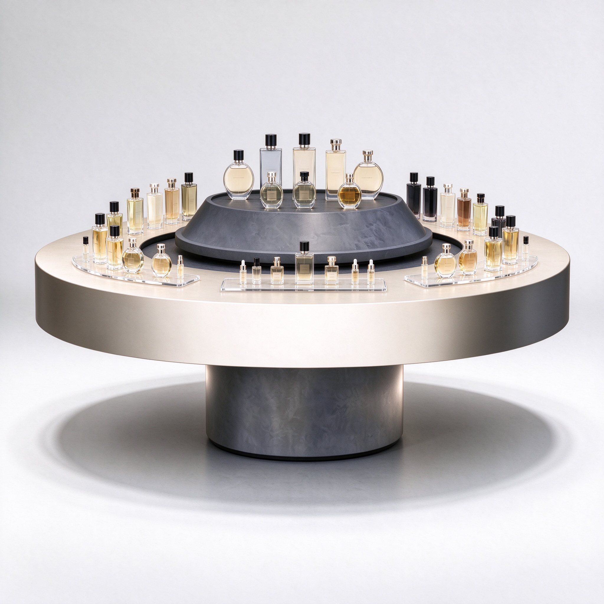 Large circular perfume display island counter with beige top and perfume bottles left 45 degree view
