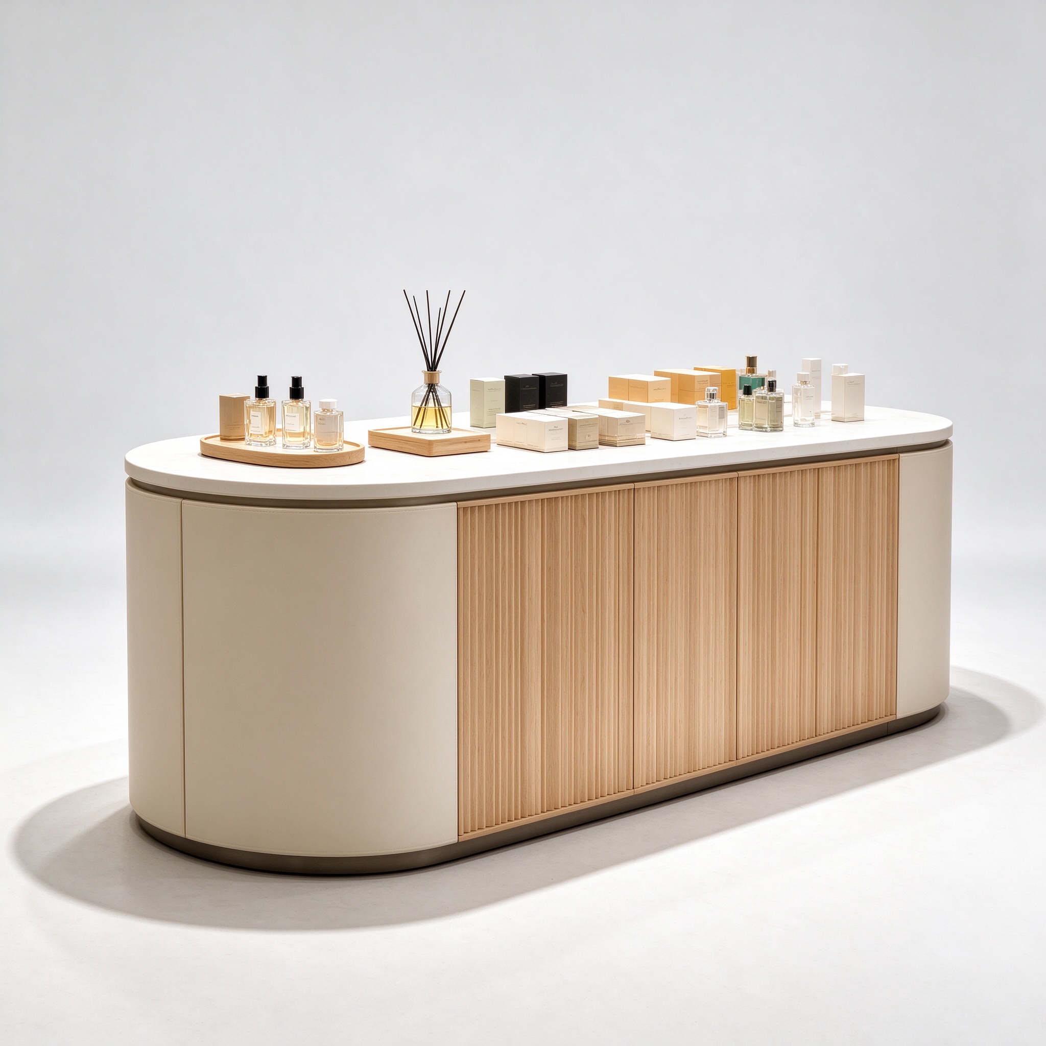Curved beige and light wood perfume display island left 45 degree view