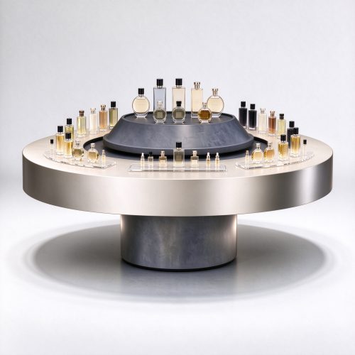 Large circular perfume display island counter with beige top and perfume bottles right 45 degree angle view