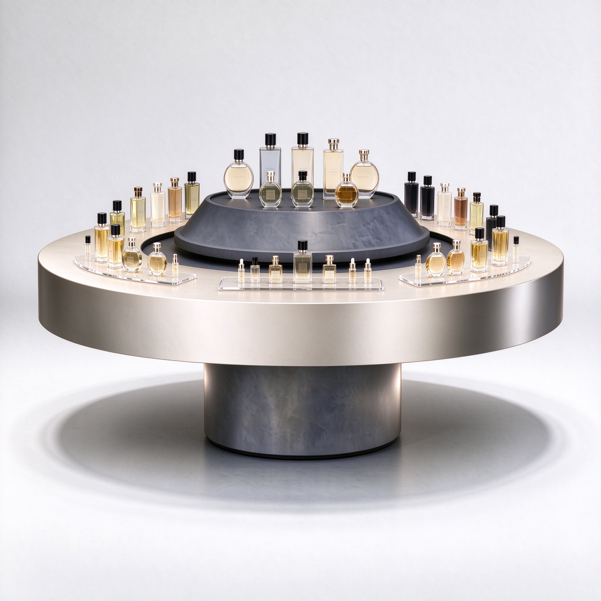 Large circular perfume display island counter with beige top and perfume bottles right 45 degree angle view
